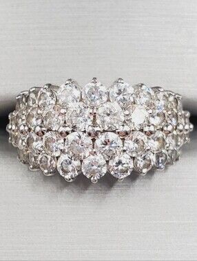 Multi Row Round White Diamond Simulants Cluster Band - 925 Sterling Silver Ring
